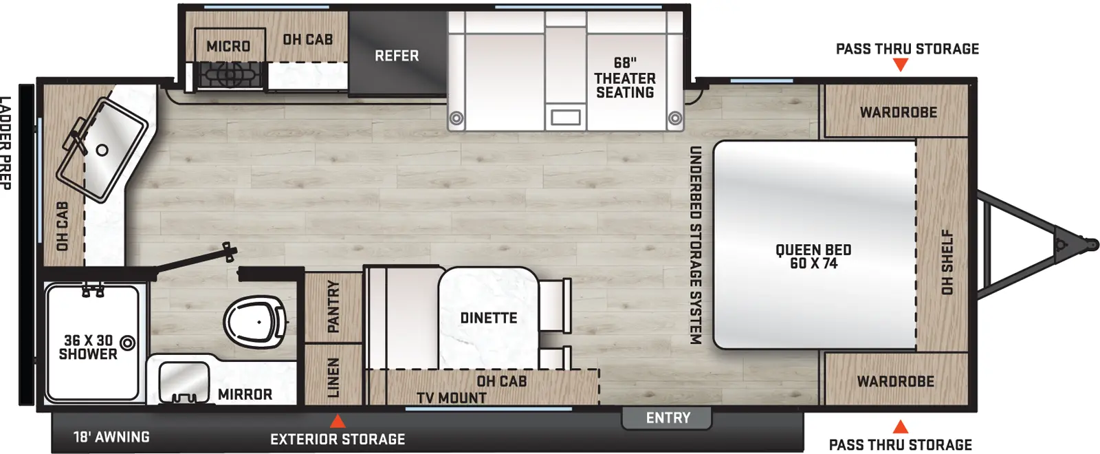 The Catalina Summit Series 8 221MKE floorplan has one entry and one slide out. Exterior features include: metal exterior and 18' awning. Interiors features include: front bedroom.